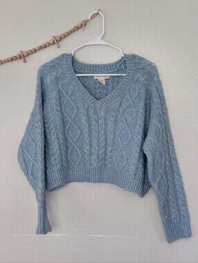 Happily Grey Blue Cable Knit V-neck Pullover Cropped Oversized Sweater